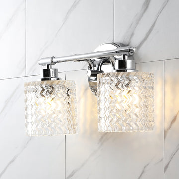 Spaulding Vintage Iron/Chevron Pattern Glass Farmhouse Cottage LED Vanity Light - JONATHAN Y